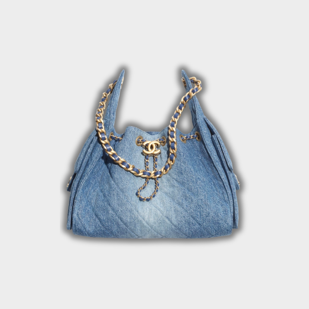 Chanel 25 Small Handbag Hobo Washed Denim & Gold-Tone Metal Blue