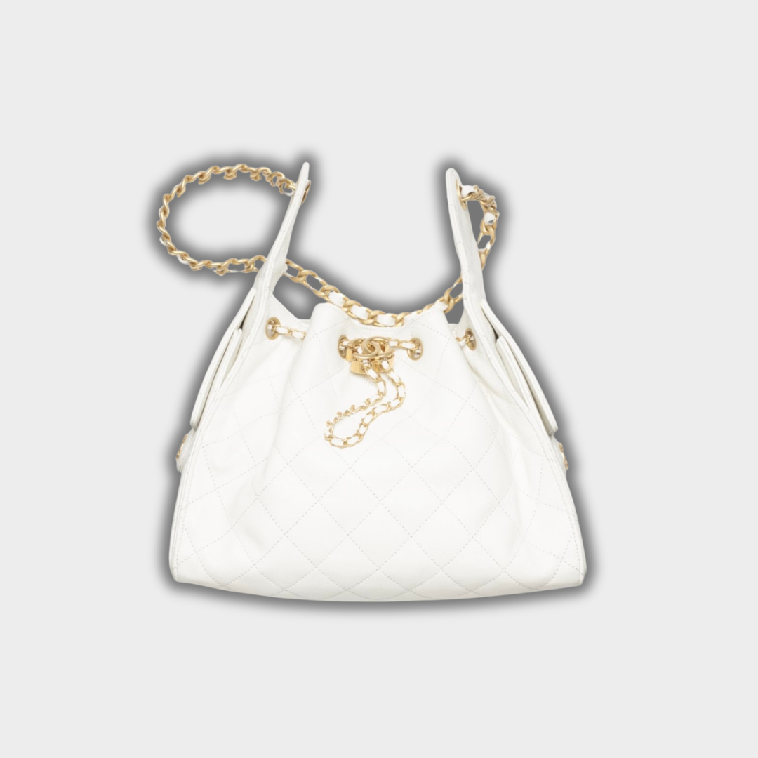 Chanel 25 Small Handbag Hobo Grained Calfskin & Gold-Tone Metal White