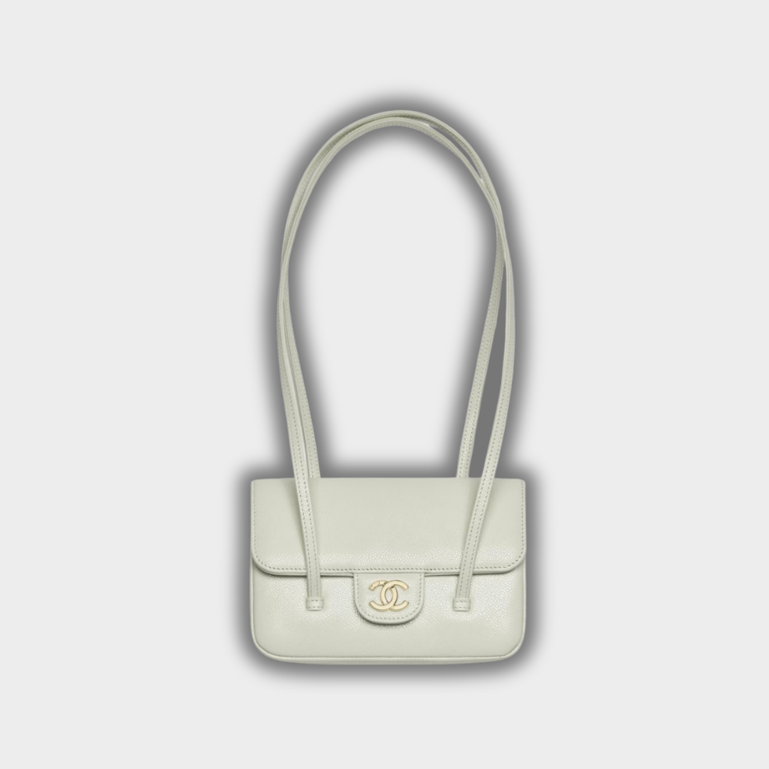 Chanel Clutch with Leather Strap, Mini Preppy Flap Bag Grained Shiny Calfskin & Gold-Tone Metal Light Green