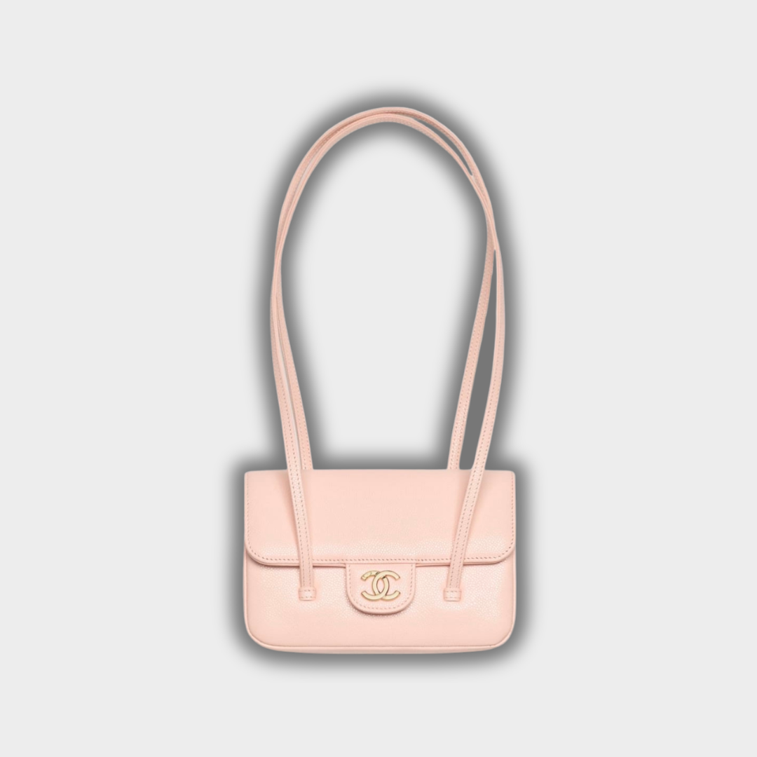 Chanel Clutch with Leather Strap, Mini Preppy Flap Bag Grained Shiny Calfskin & Gold-Tone Metal Light Pink