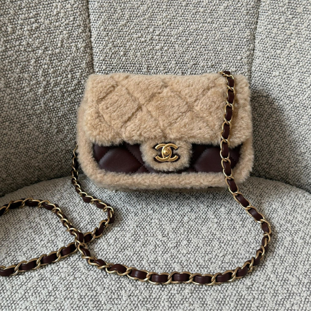 Chanel Mini Teddy and Dark Brown Shearling Flap Bag