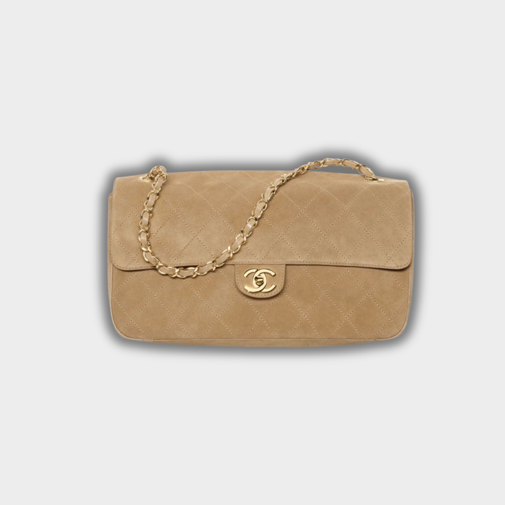 Chanel Suede Calfskin & Gold Metal Dark Beige Maxi Flap Bag