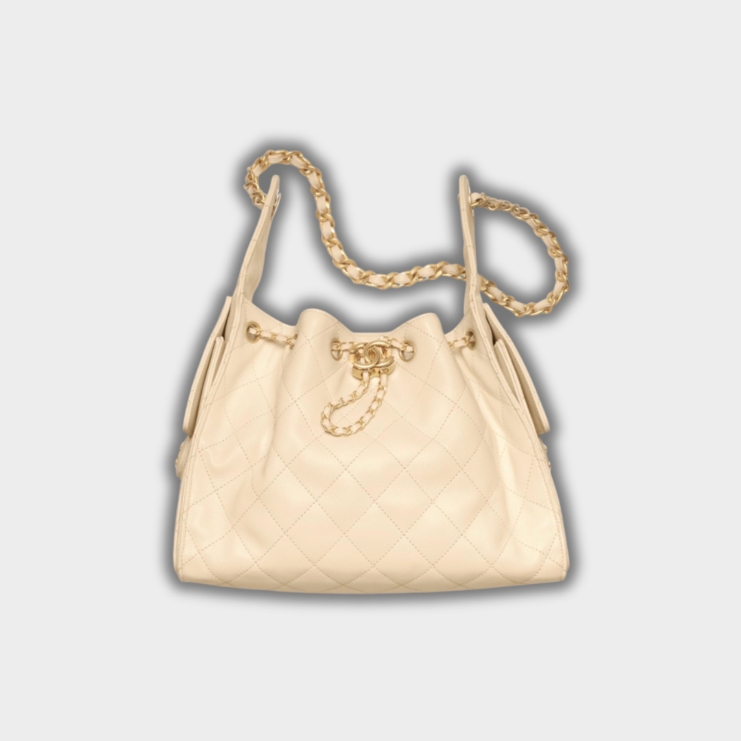 Chanel 25 Small Handbag Hobo Grained Calfskin & Gold-Tone Metal Beige