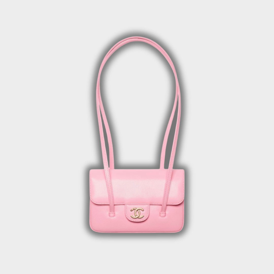 Chanel Clutch with Leather Strap, Mini Preppy Flap Bag Grained Shiny Calfskin & Gold-Tone Metal Pink