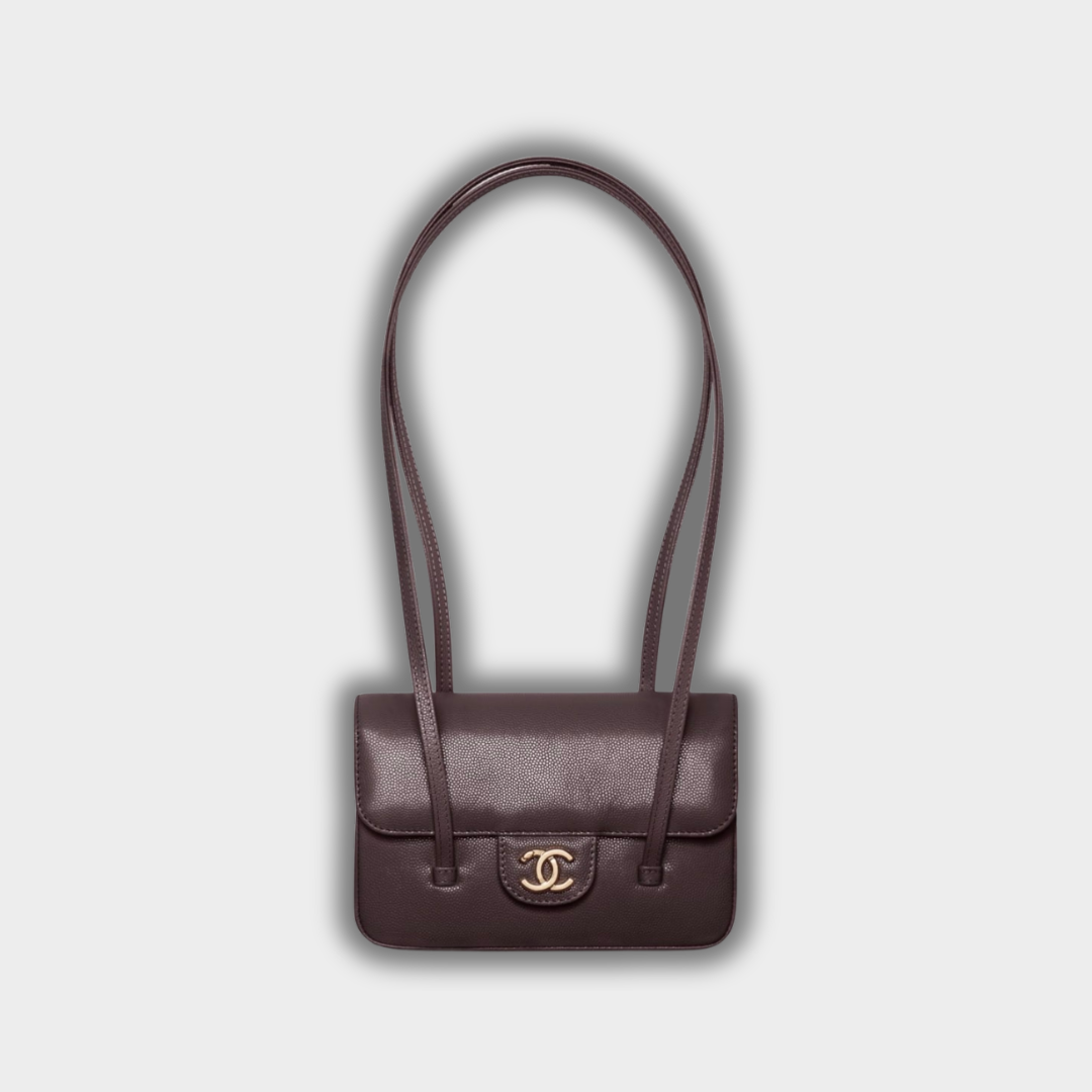 Chanel Clutch with Leather Strap, Mini Preppy Flap Bag Grained Shiny Calfskin & Gold-Tone Metal Dark Brown