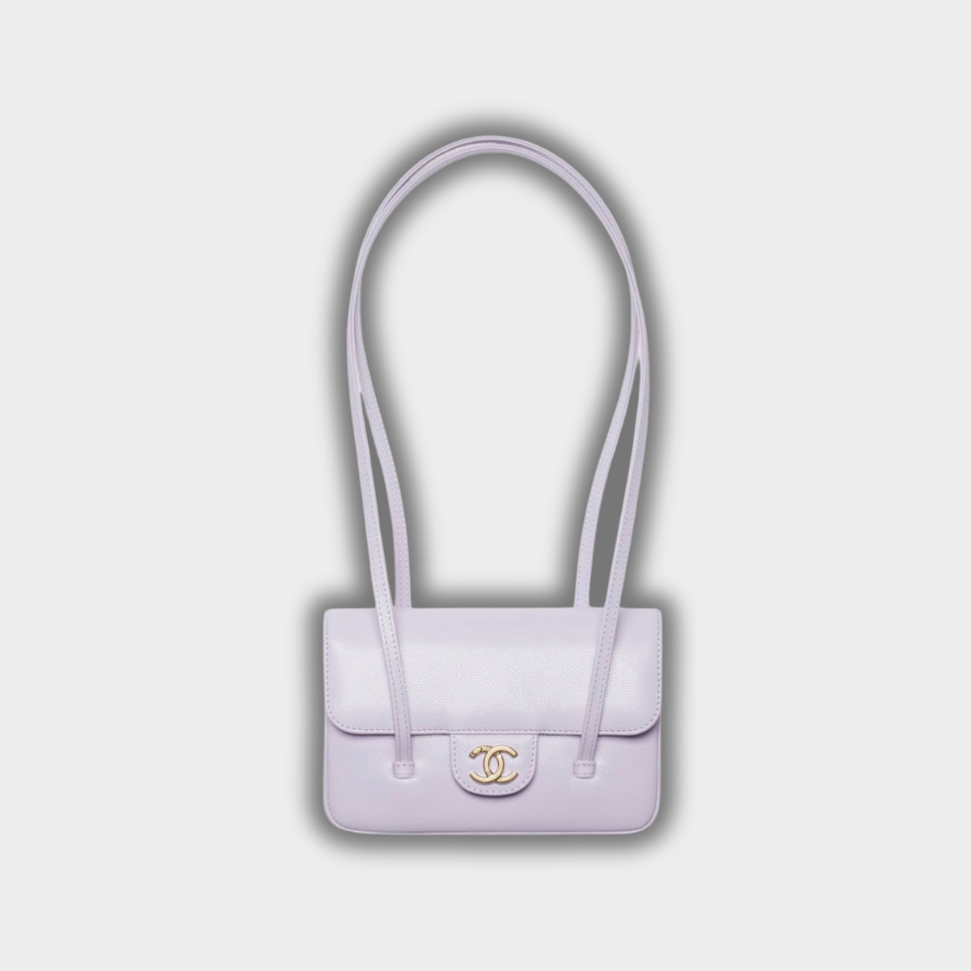 Chanel Clutch with Leather Strap, Mini Preppy Flap Bag Grained Shiny Calfskin & Gold-Tone Metal Purple