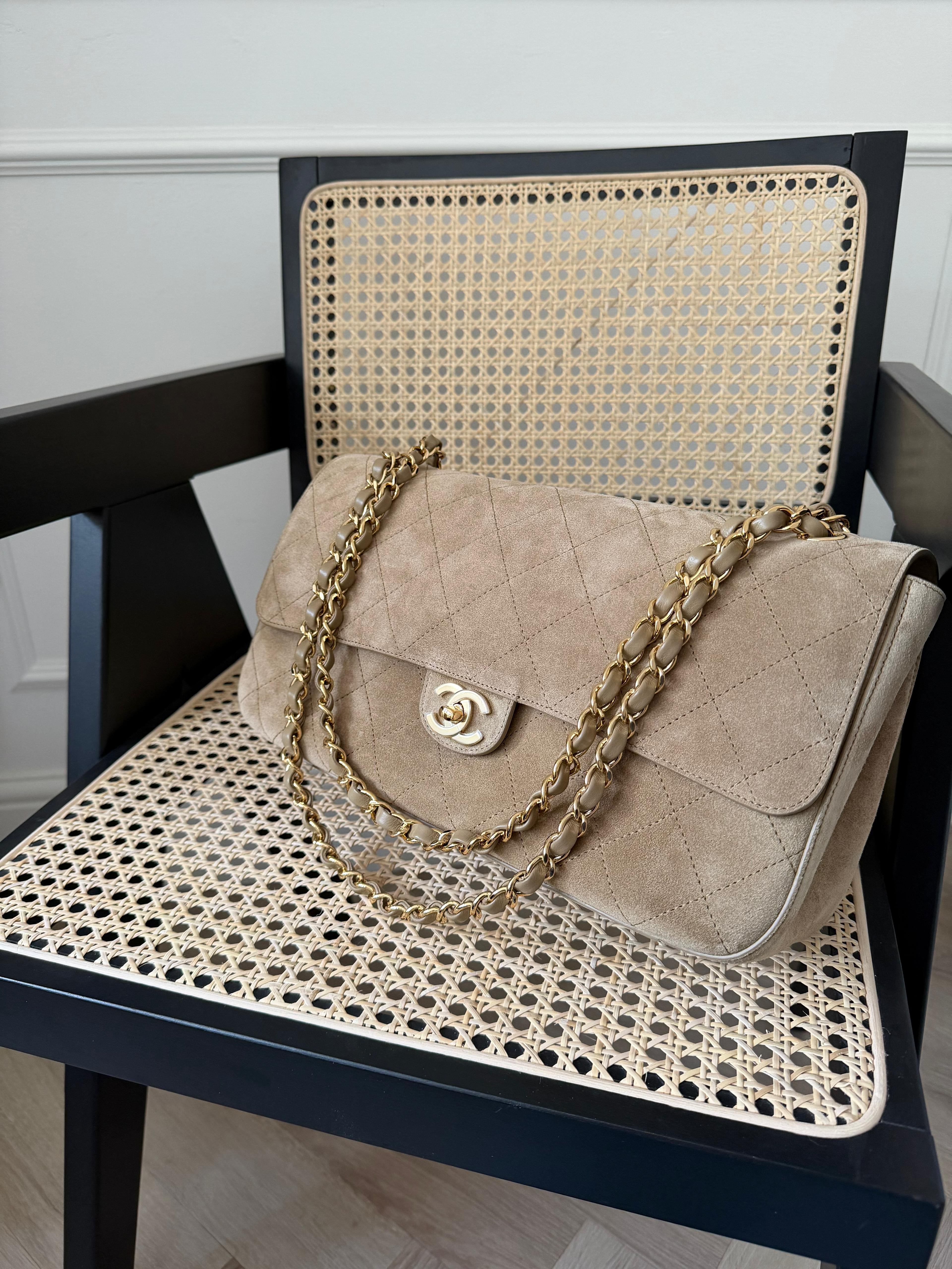 Chanel Suede Calfskin & Gold Metal Dark Beige Maxi Flap Bag