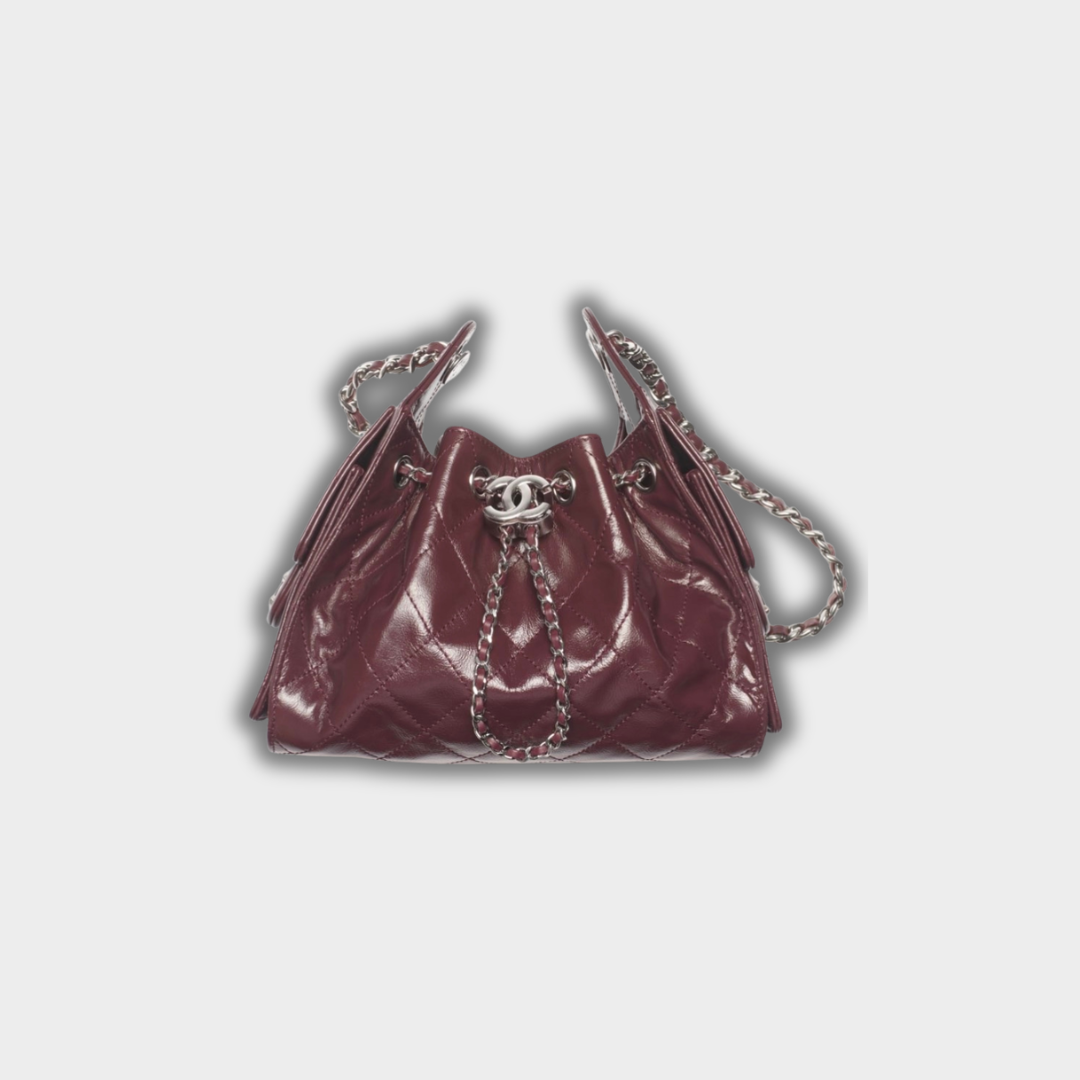 Chanel 25 Mini Handbag Hobo Shiny Crumpled Calfskin & Silver-Tone Metal Dark Burgundy
