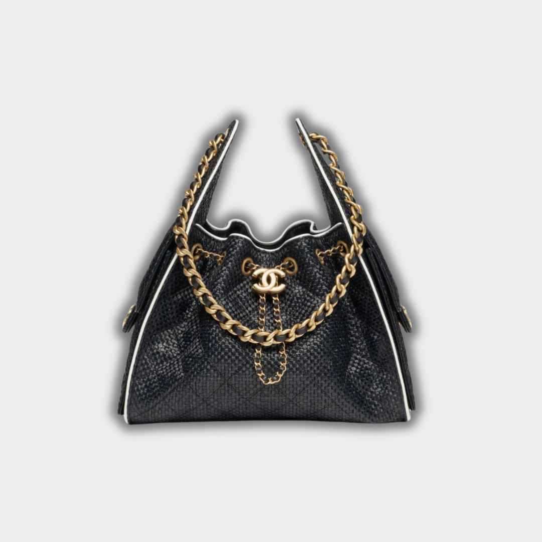 Chanel 25 Small Handbag Hobo Braided Raffia, Calfskin & Gold-Tone Metal Black&White