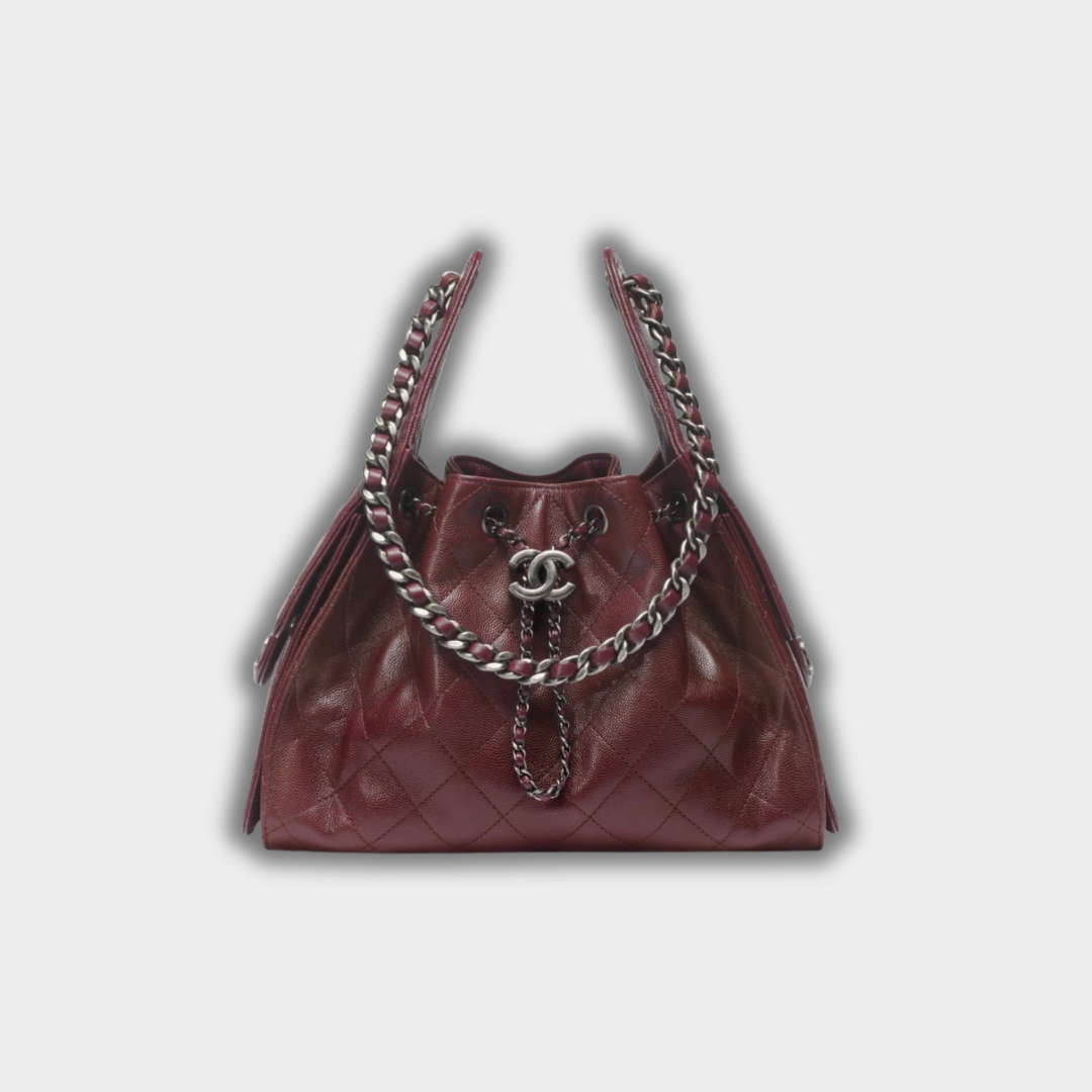 Chanel 25 Small Handbag Hobo Grained Calfskin & Ruthenium-Finish Metal Dark Burgundy