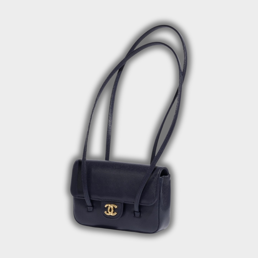 Chanel Clutch with Leather Strap, Mini Preppy Flap Bag Grained Shiny Calfskin & Gold-Tone Metal Dark Blue