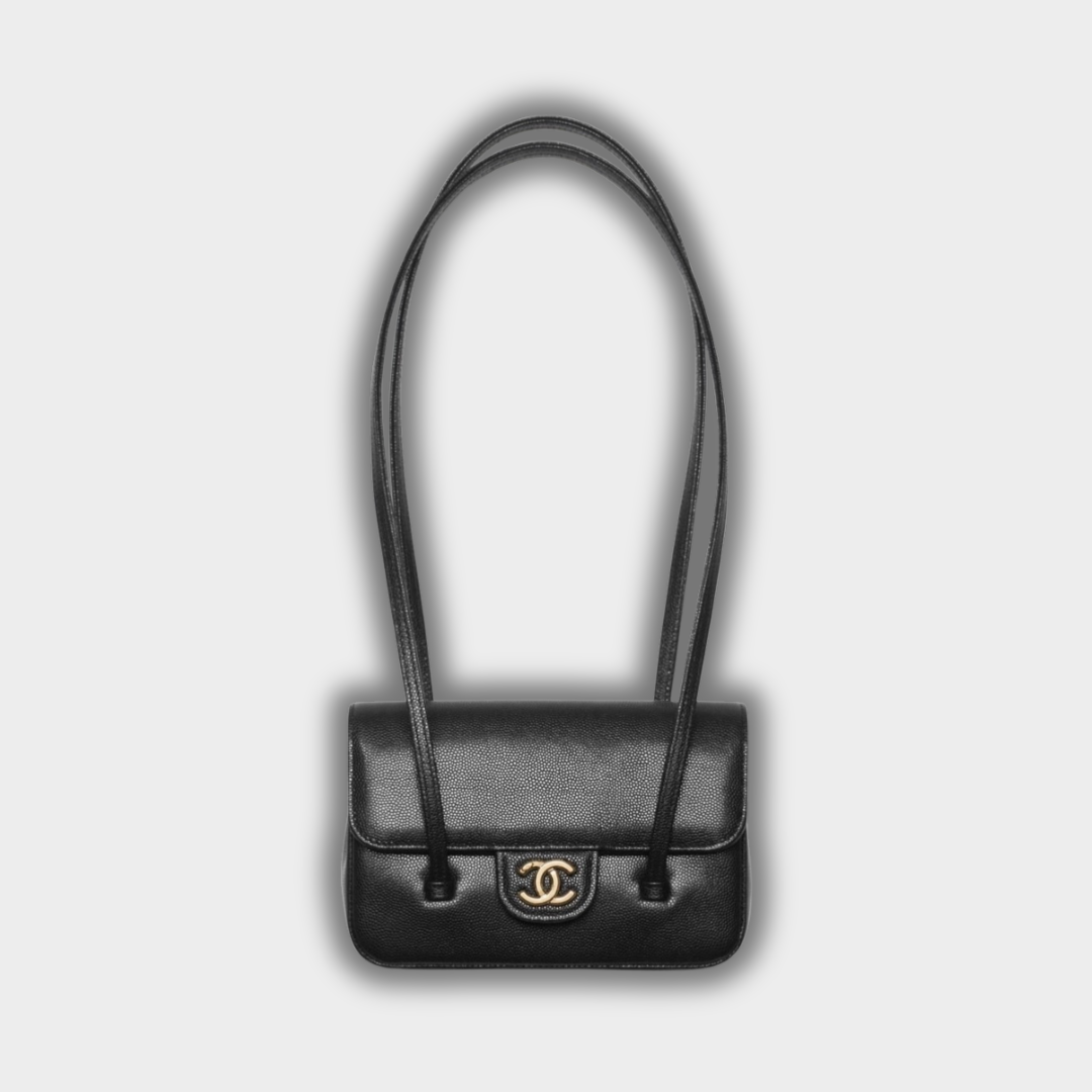 Chanel Clutch with Leather Strap, Mini Preppy Flap Bag Grained Shiny Calfskin & Gold-Tone Metal Black