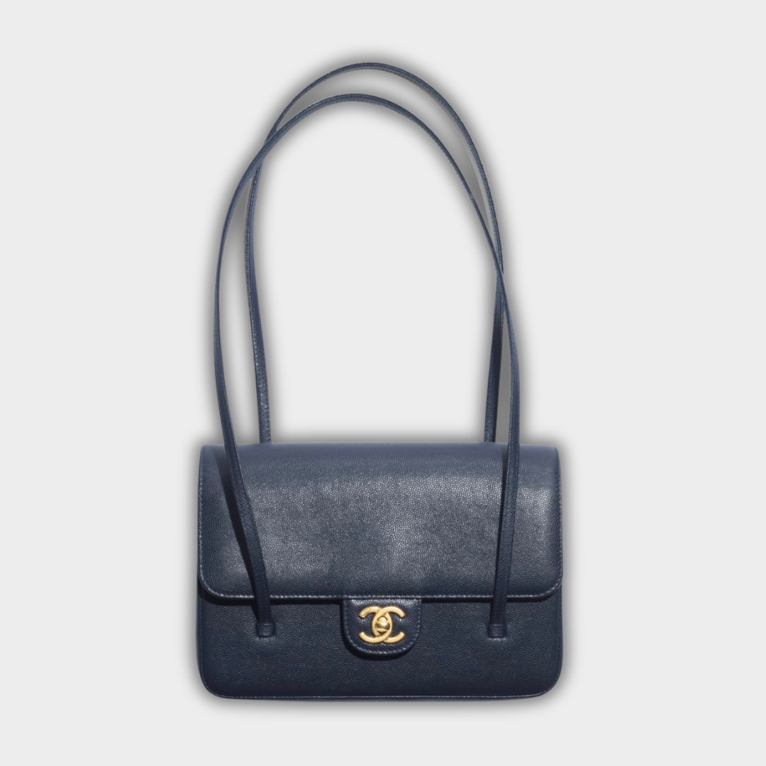 Chanel Small Preppy Flap Bag Grained Shiny Calfskin & Gold-Tone Metal Dark Blue