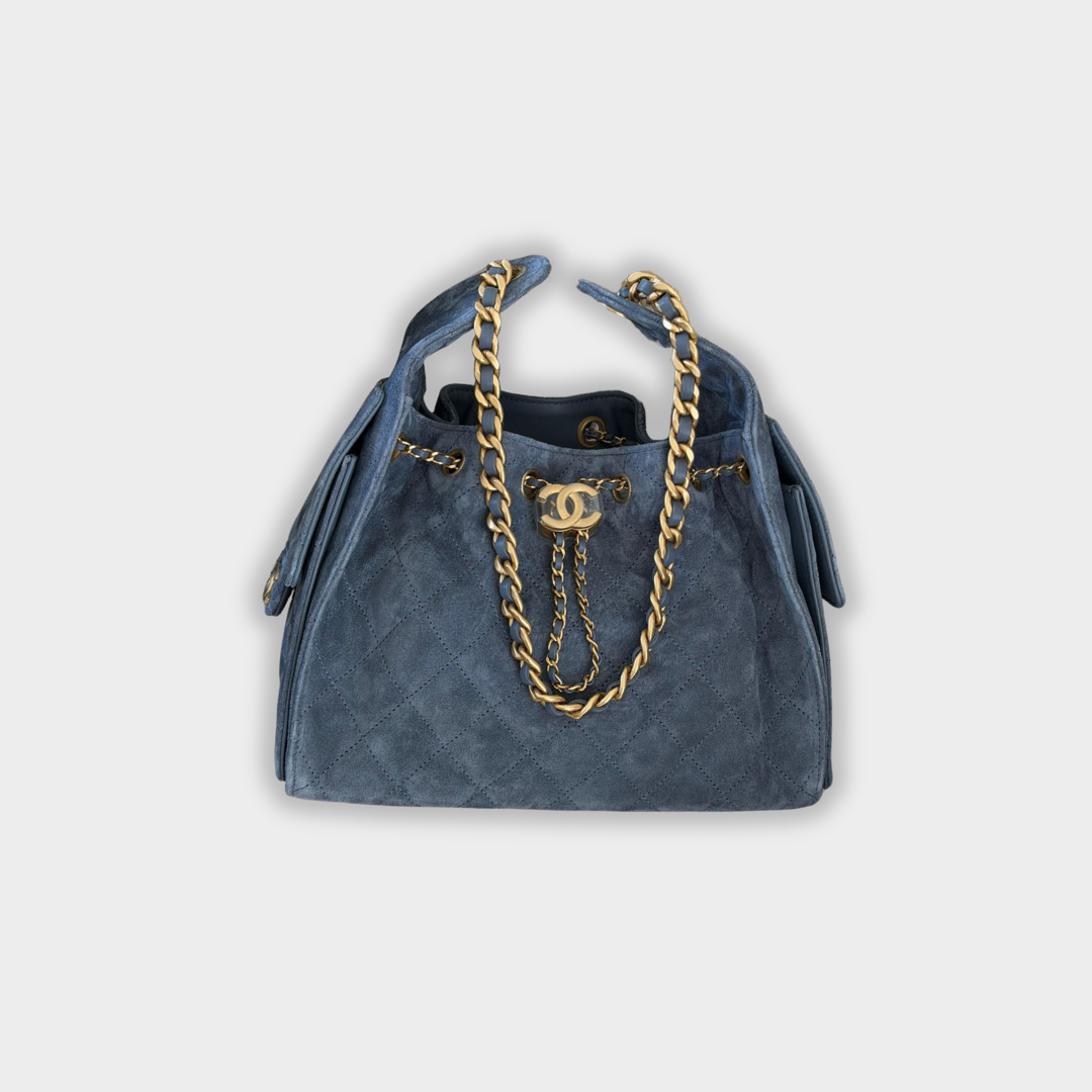 Chanel 25 Small Handbag Suede Calfskin & Gold Metal Blue