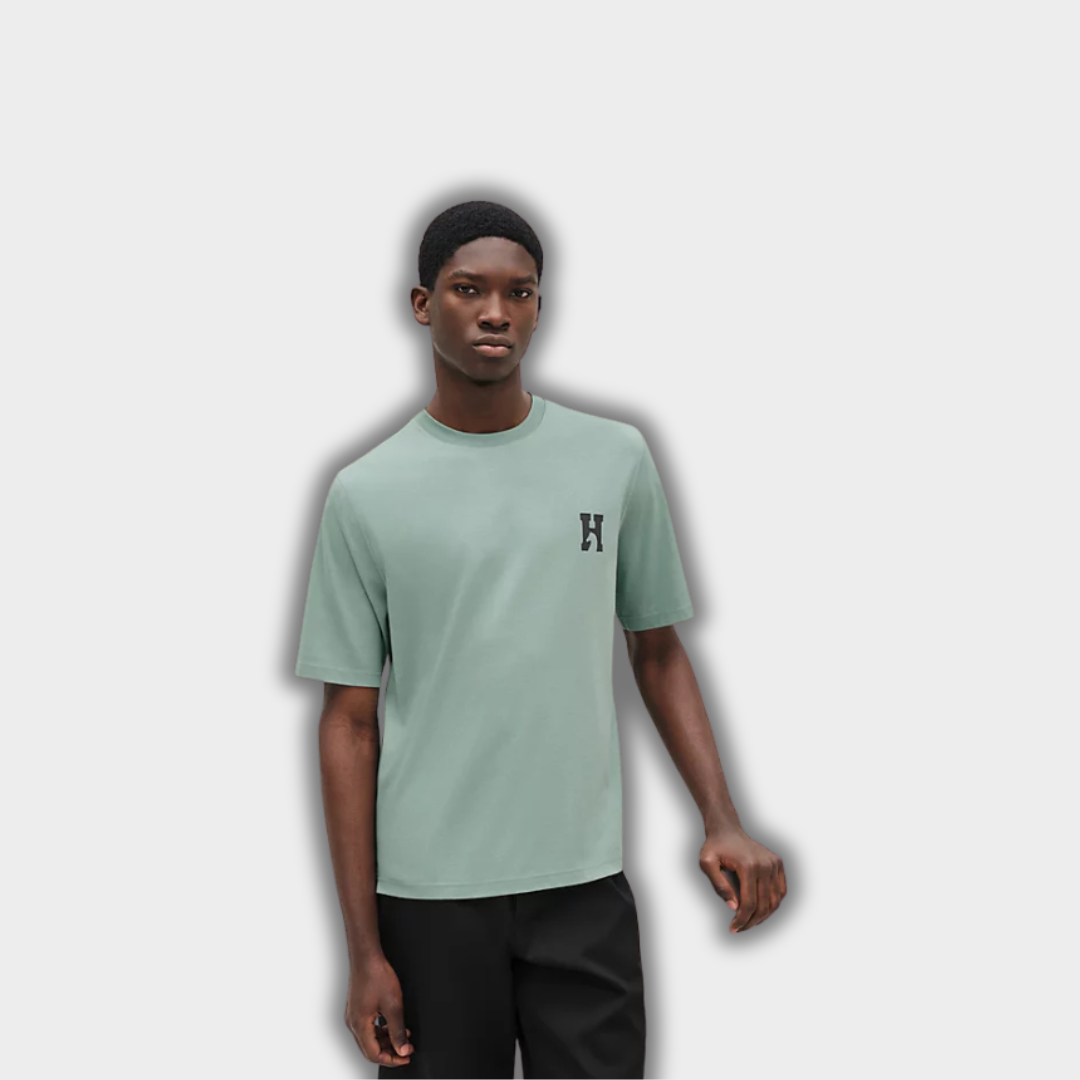 Hermès 'H' Cheval T-Shirt with Leather Details Céladon