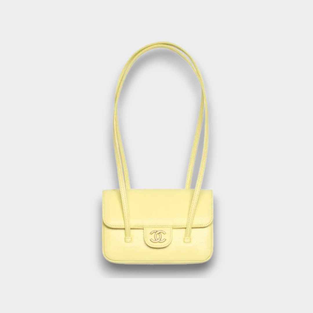 Chanel Clutch with Leather Strap, Mini Preppy Flap Bag Grained Shiny Calfskin & Gold-Tone Metal Light Yellow