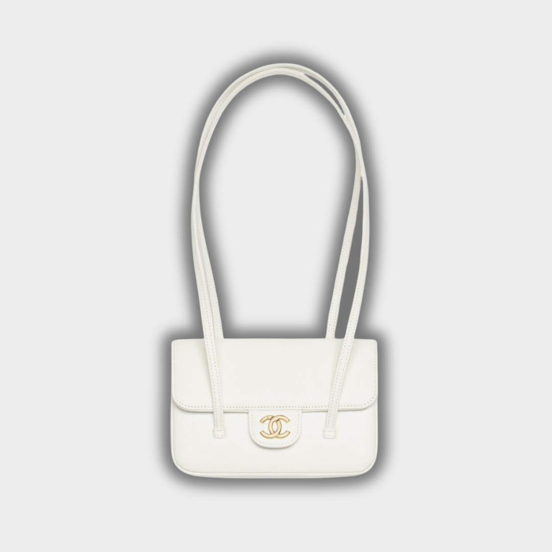 Chanel Clutch with Leather Strap, Mini Preppy Flap Bag Grained Shiny Calfskin & Gold-Tone Metal White